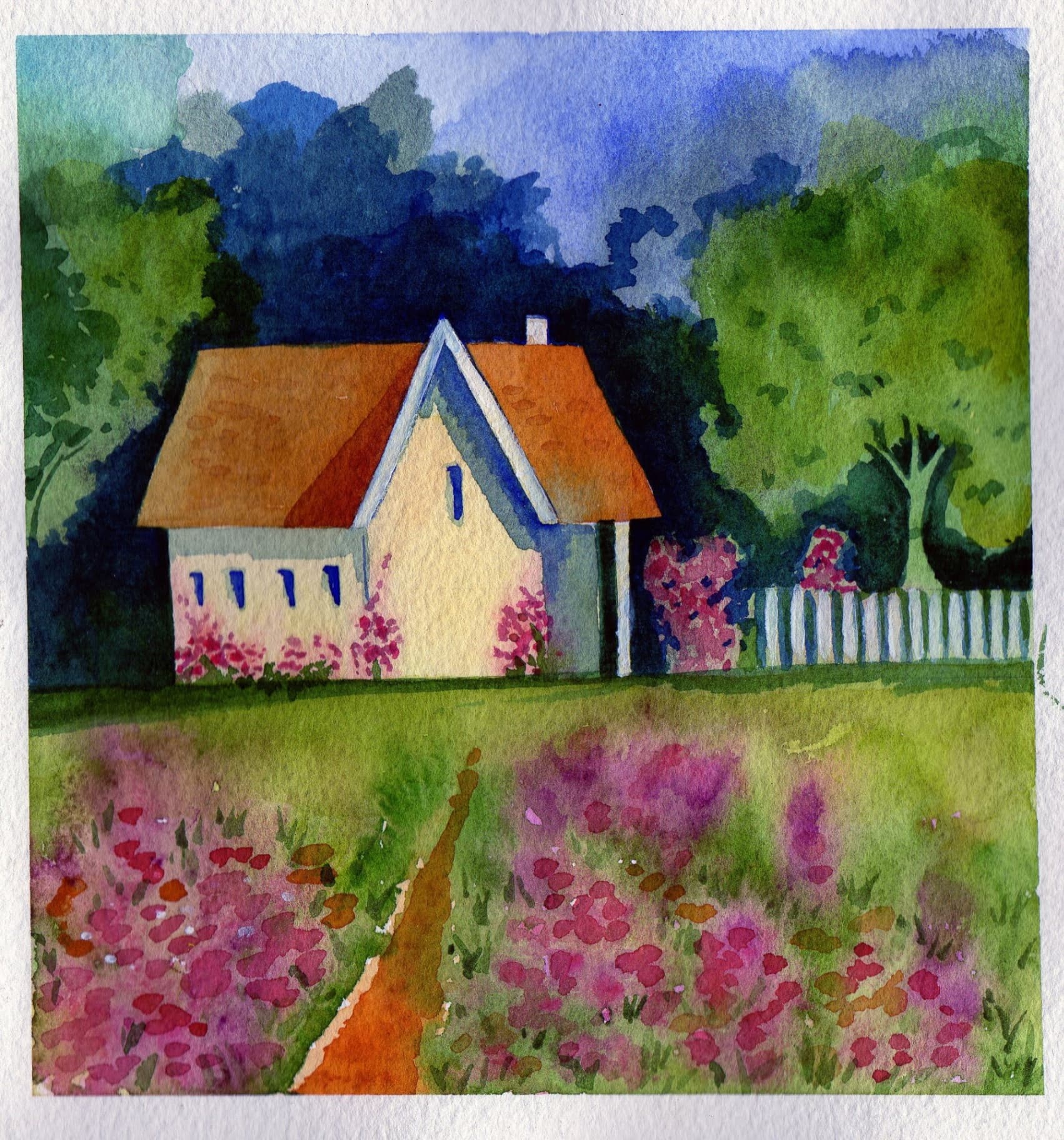 Watercolor cottage in a wildflower meadow by Iwona Staszewski