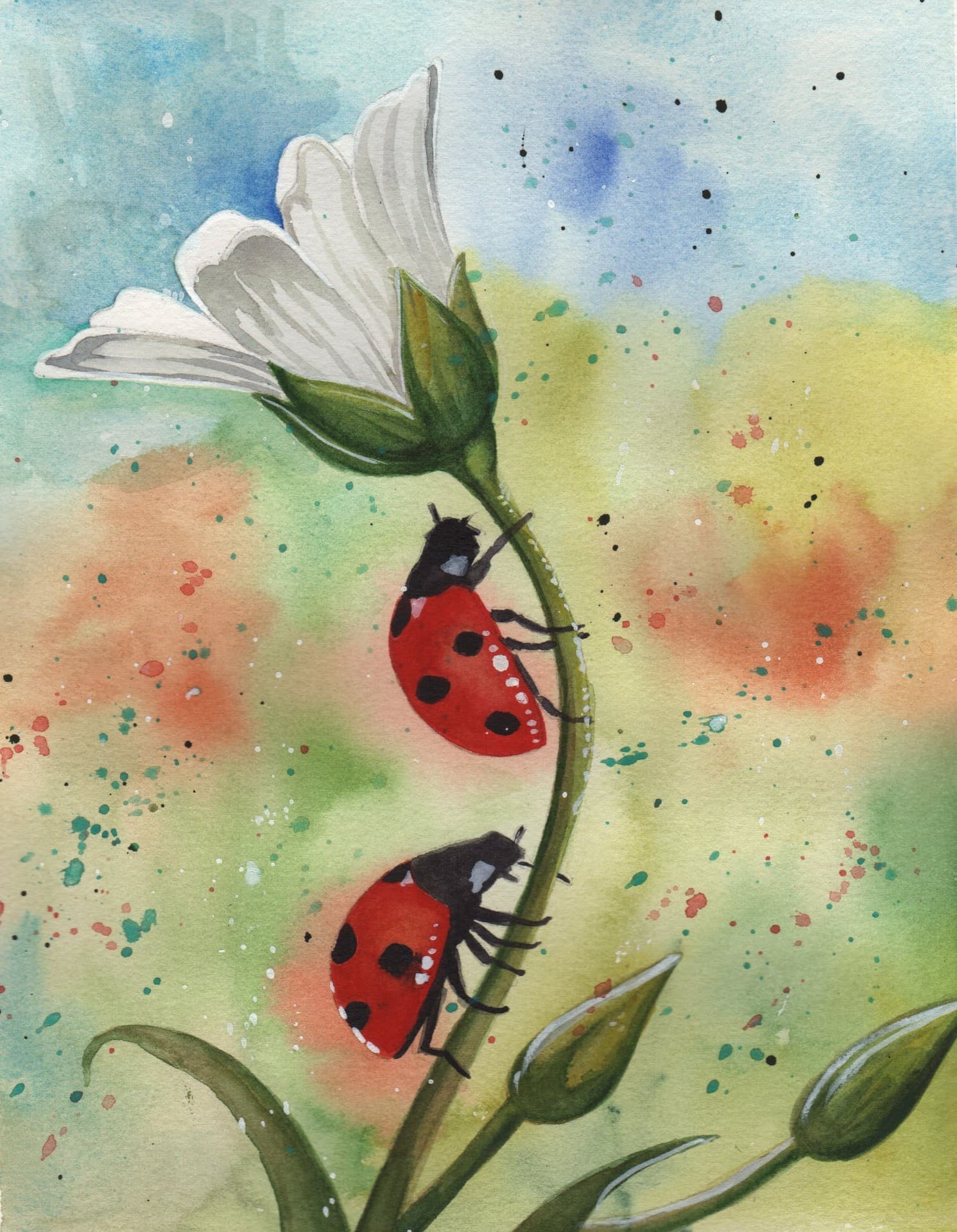 Watercolor painting of ladybugs on a flower stem by a student