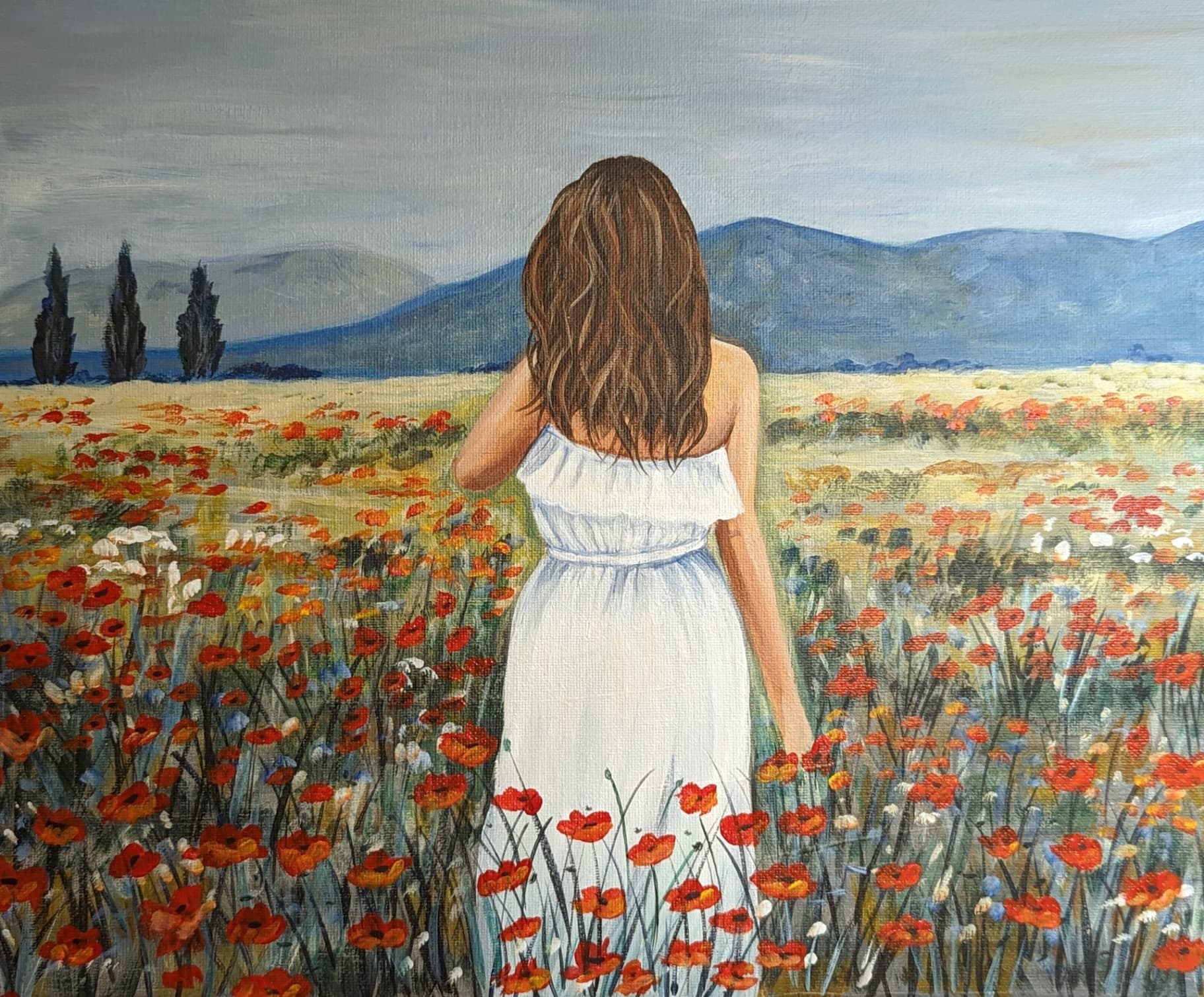 Acrylic painting of a poppy field by an adult student