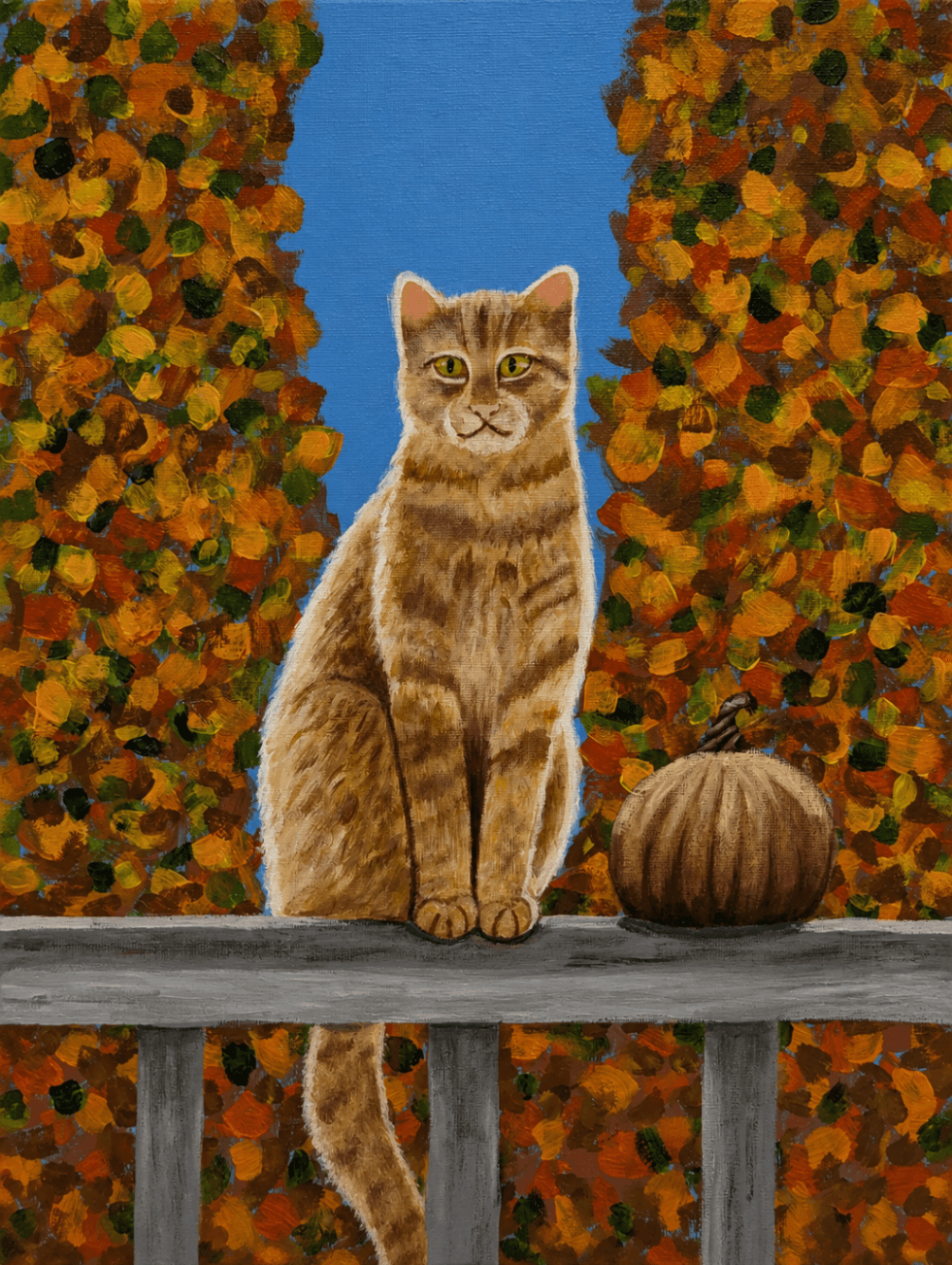 Acrylic painting of an orange tabby in autumn foliage by a student
