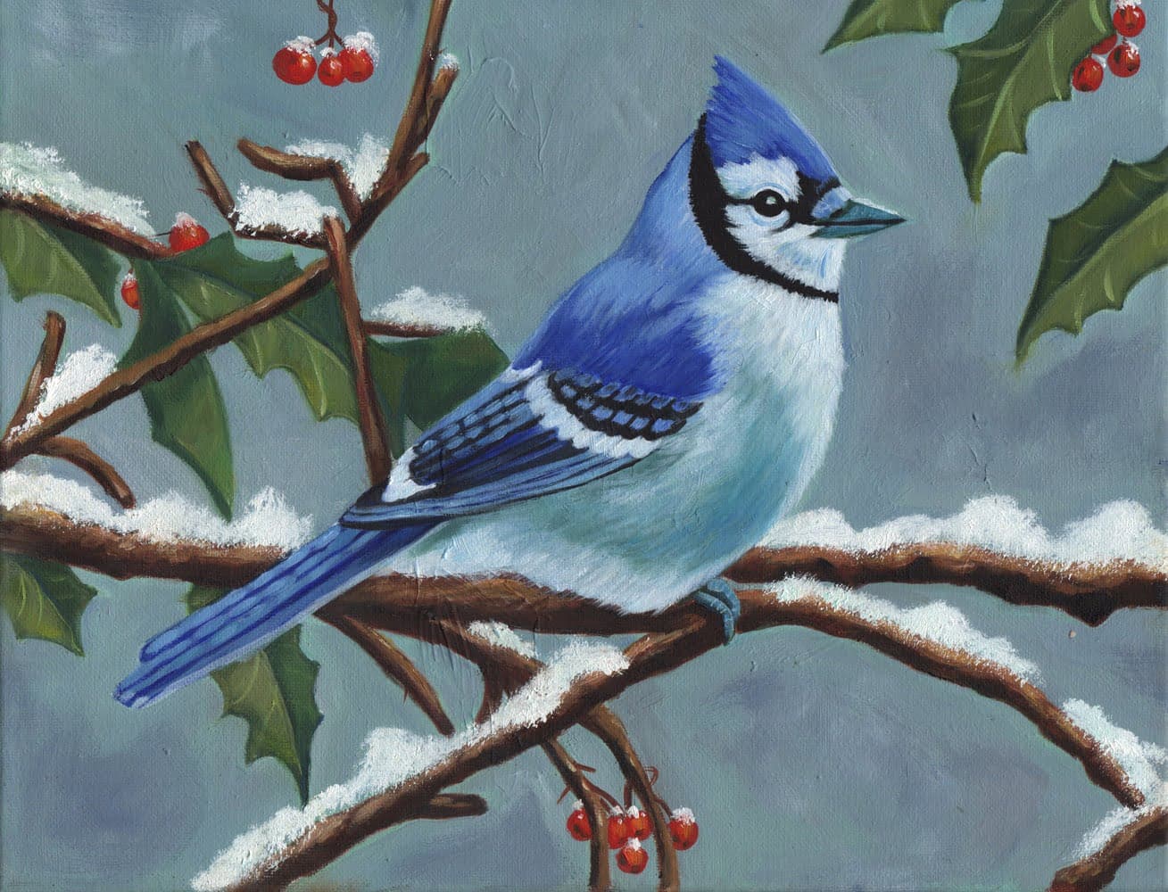 Oil painting of a blue jay by a student