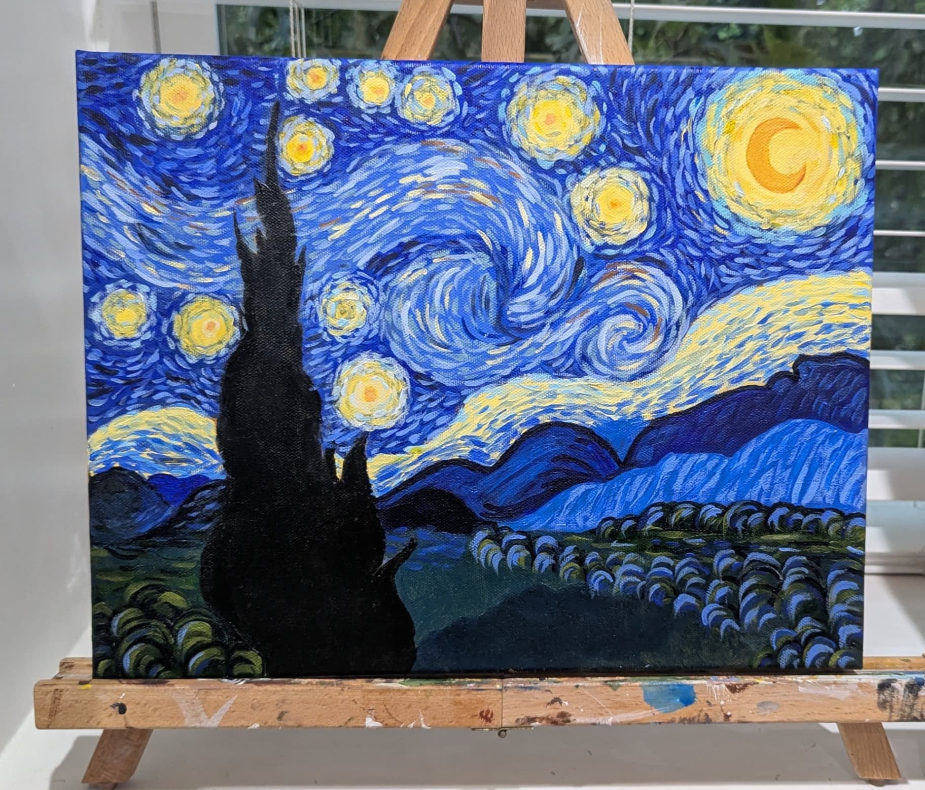 Student acrylic study of Van Gogh's Starry Night