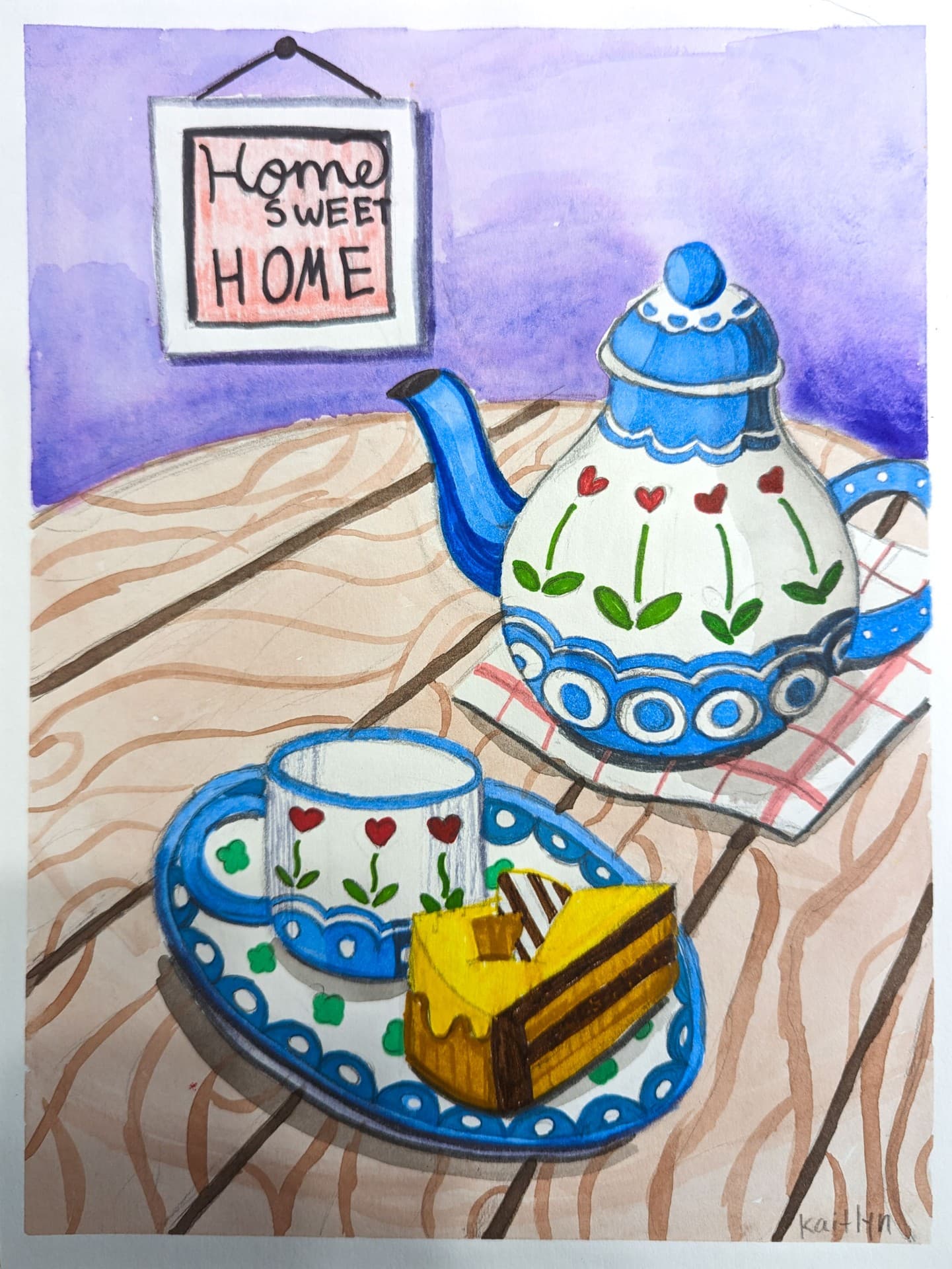 Watercolor teapot still life by a young student