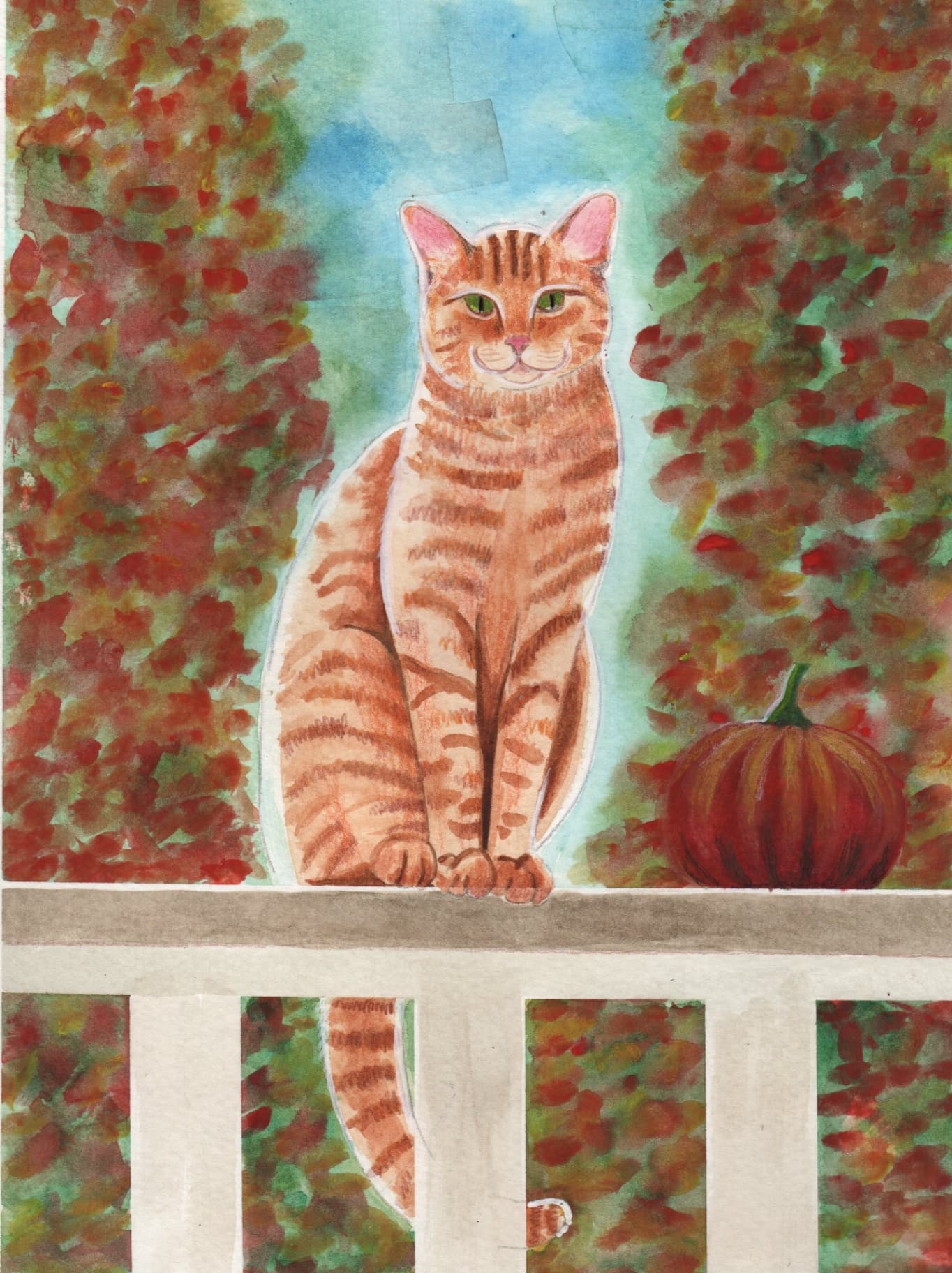 Watercolor autumn cat by a young student