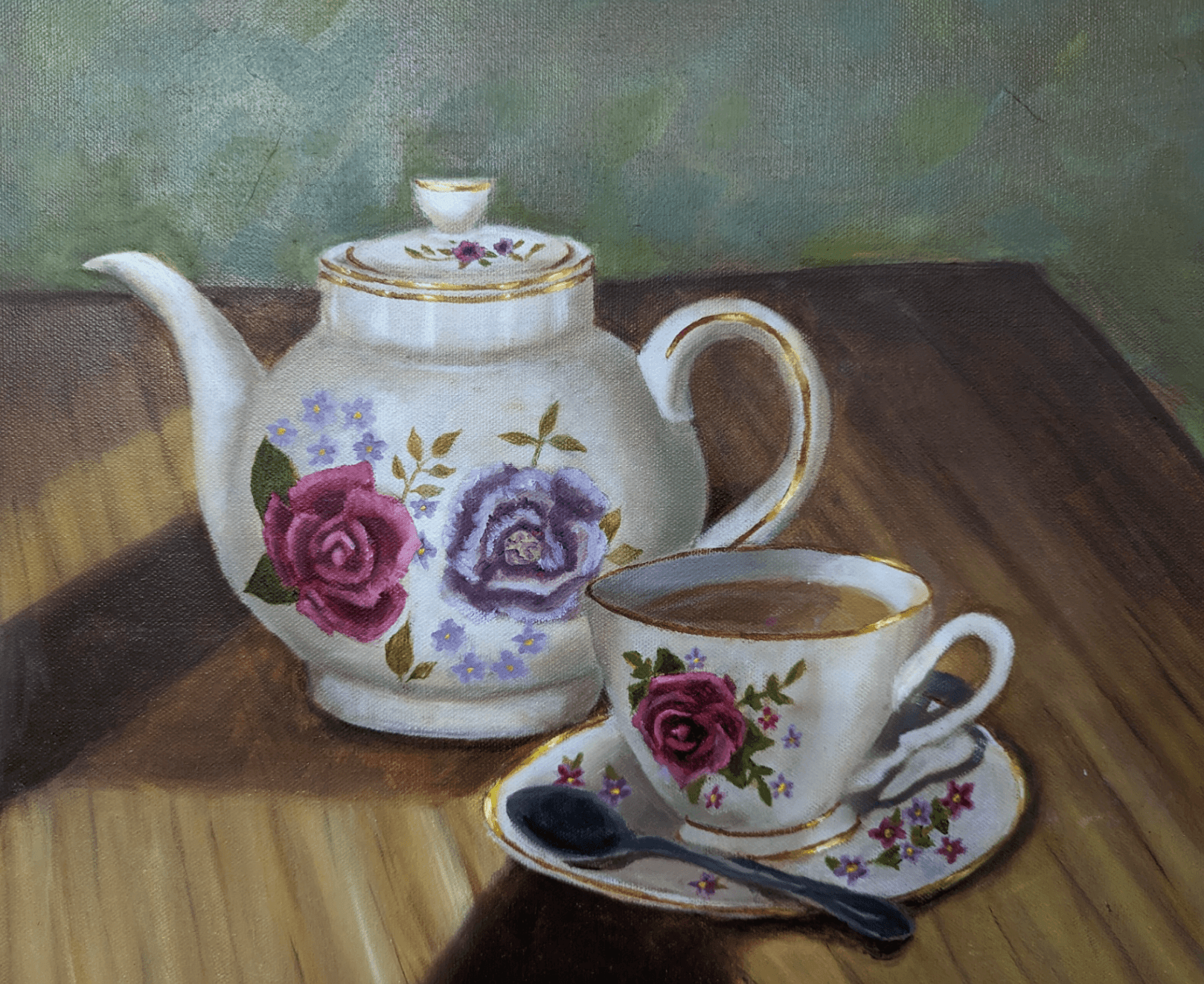 Teen student oil painting of a floral teapot and teacup