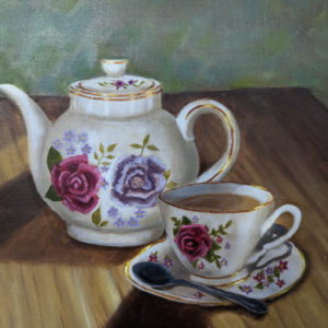 Floral teapot oil painting from Art Adventure Studio